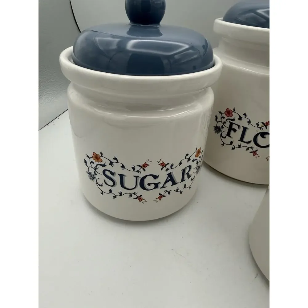 Vintage Jay Blue & White Floral Cottagecore 4 Piece Canister Set EUC Granny Core